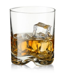 Photo of Whiskey and ice cubes in glass isolated on white