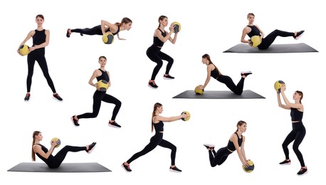 Athletic woman doing different exercises with medicine ball on white background, collage