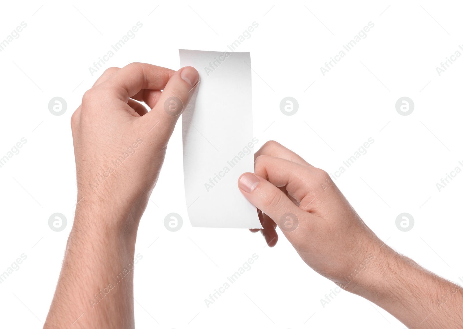 Photo of Man holding piece of blank thermal paper for receipt on white background, closeup