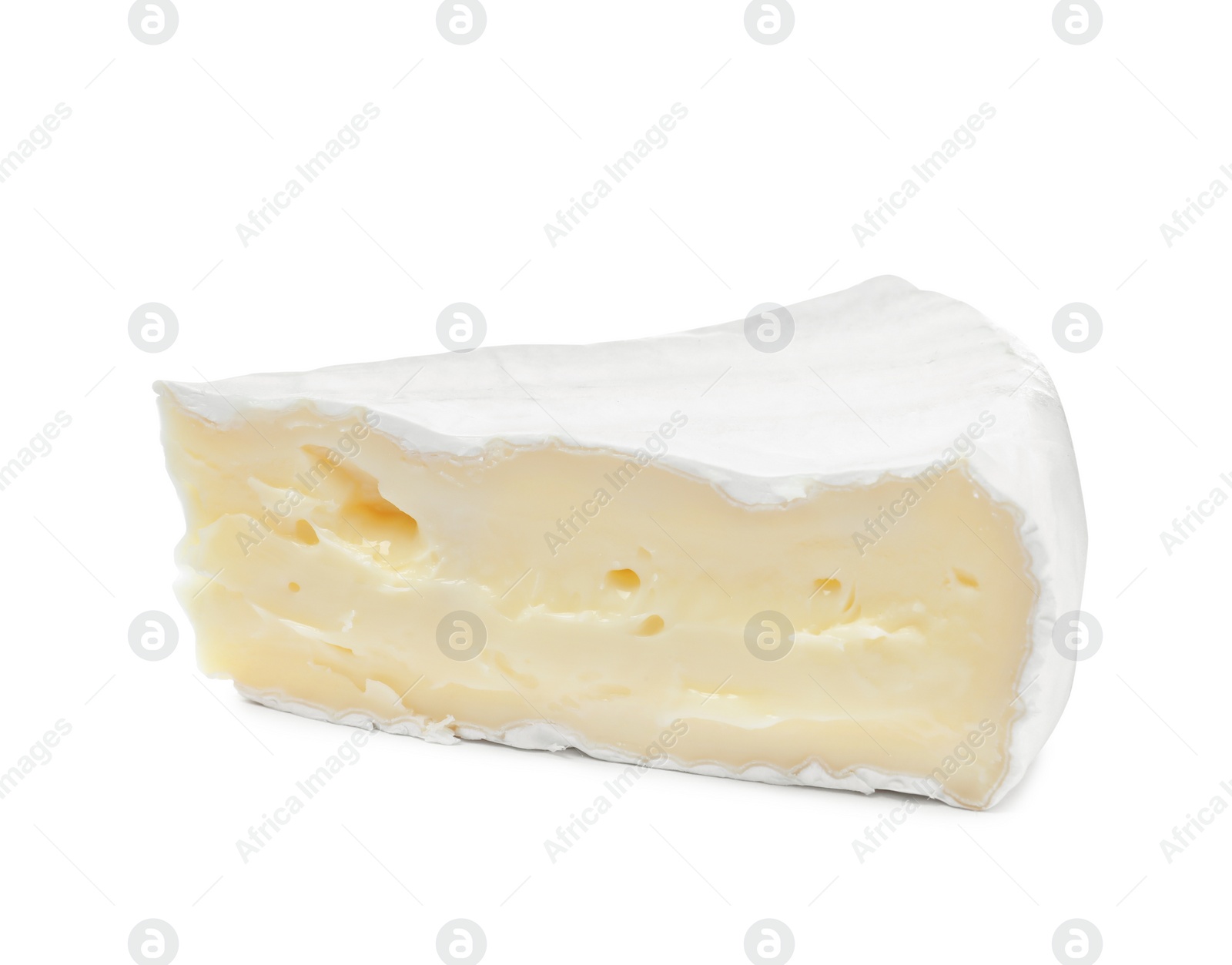 Photo of Piece of tasty brie cheese isolated on white