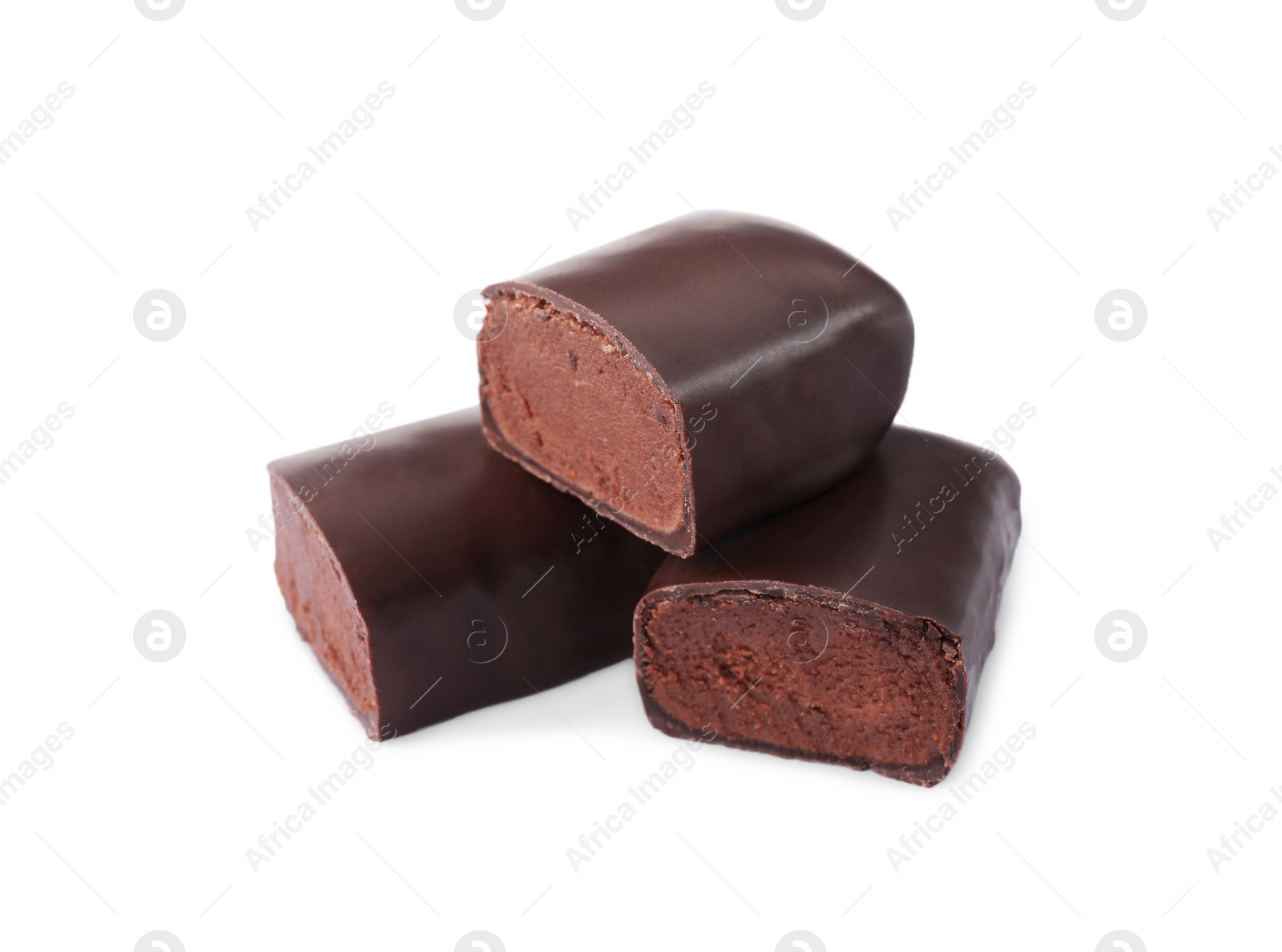 Photo of Delicious cut glazed curd snacks with cocoa on white background