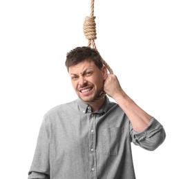 Photo of Depressed man with rope noose on neck against white background