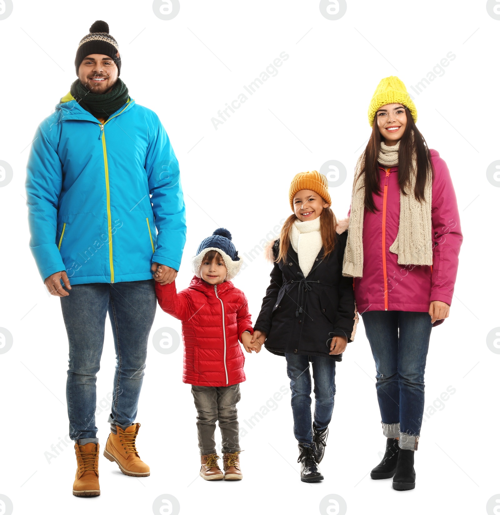 Photo of Happy family in warm clothes on white background. Winter vacation