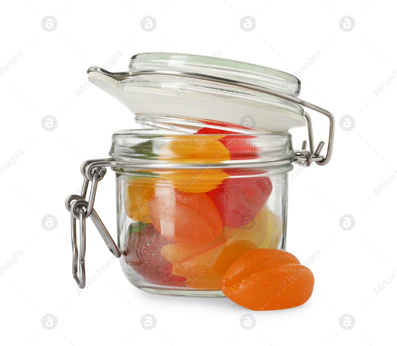 Photo of Delicious gummy candies in glass jar on white background