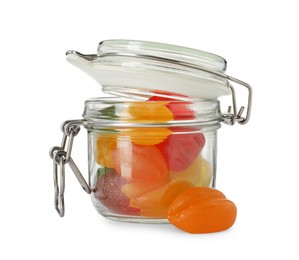 Photo of Delicious gummy candies in glass jar on white background