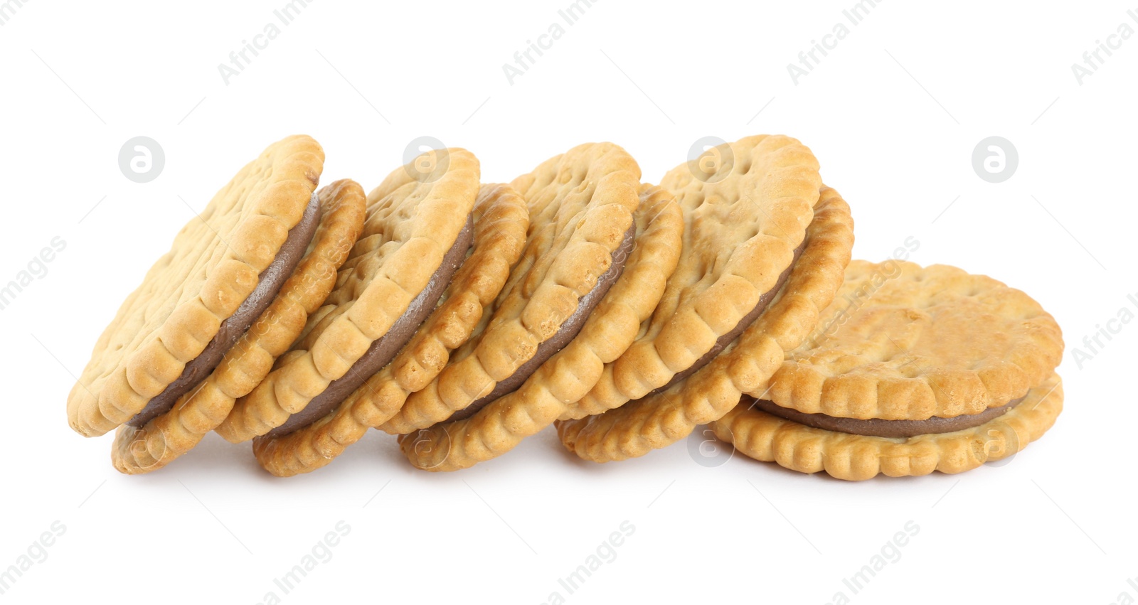 Photo of Tasty sweet sandwich cookies on white background