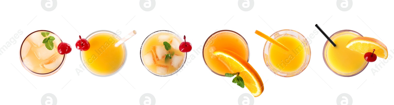 Image of Set of Tequila Sunrise cocktails on white background, top view. Banner design