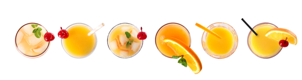 Image of Set of Tequila Sunrise cocktails on white background, top view. Banner design