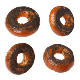 Image of Set with tasty fresh bagels on white background