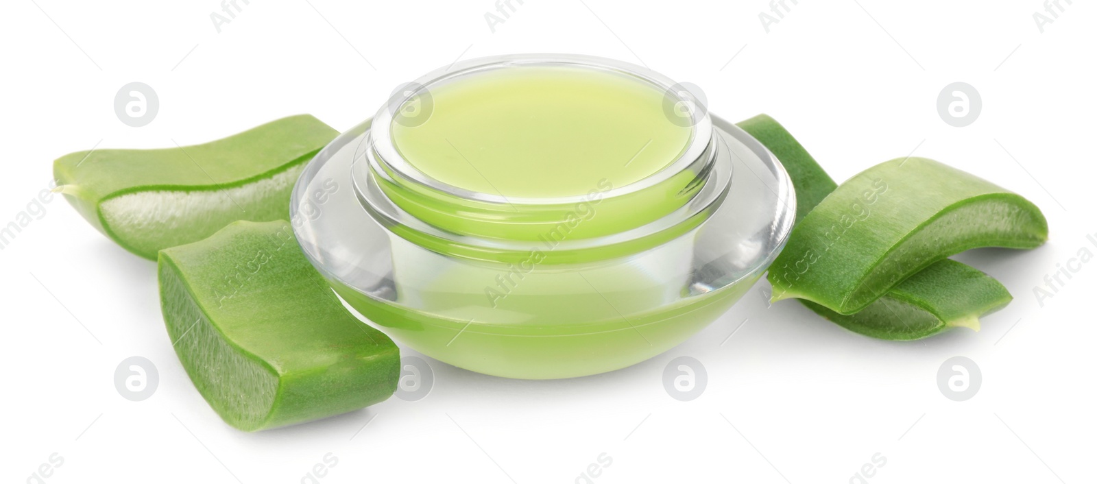 Photo of Jar of natural gel and cut aloe leaves isolated on white