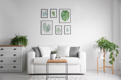 Photo of Beautiful paintings of tropical leaves over sofa in living room interior