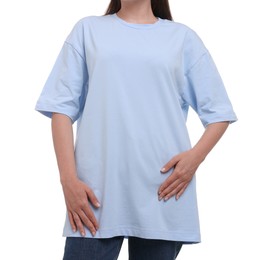 Woman in stylish light blue t-shirt on white background, closeup