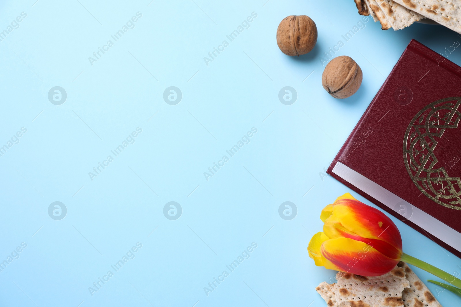 Photo of Flat lay composition with symbolic Pesach (Passover Seder) items on light blue background, space for text