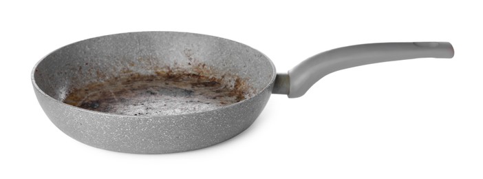 Photo of Dirty granite coating frying pan isolated on white