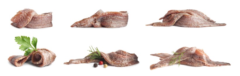 Set with delicious anchovy fillets on white background. Banner design