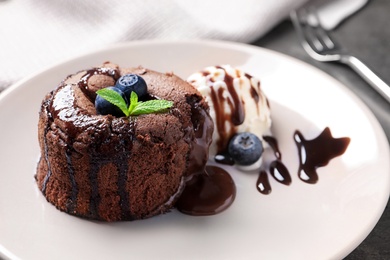 Delicious fresh fondant with hot chocolate and blueberries served on plate. Lava cake recipe