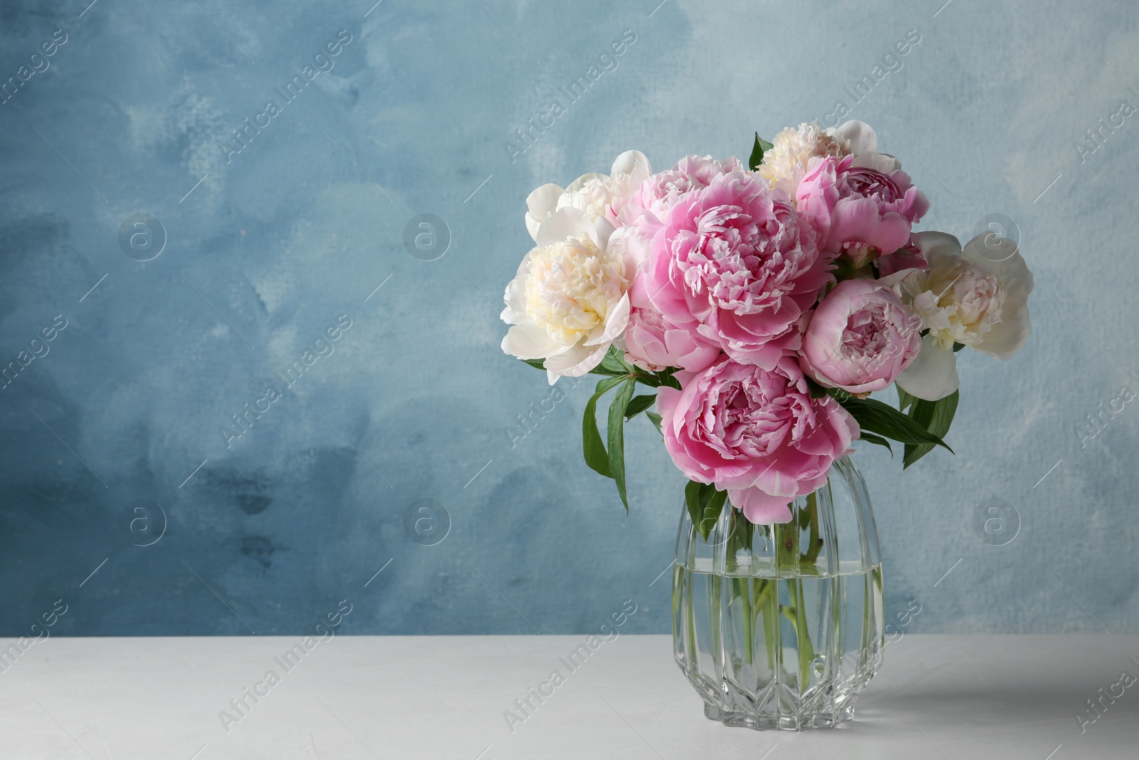 Photo of Beautiful peonies in glass vase on white table. Space for text