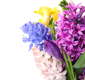 Bouquet of beautiful spring flowers on white background