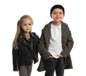 Photo of Fashion concept. Stylish children posing on white background