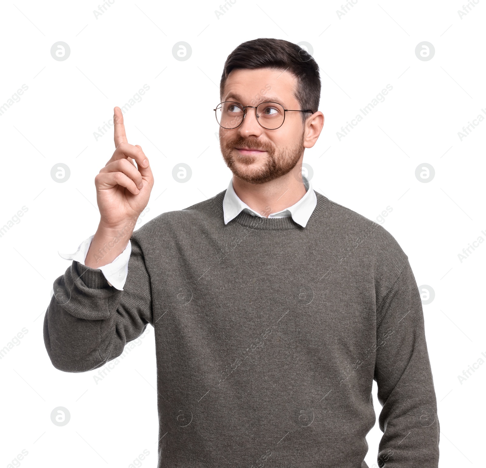 Photo of Portrait of handsome bearded businessman in eyeglasses gesturing on white background