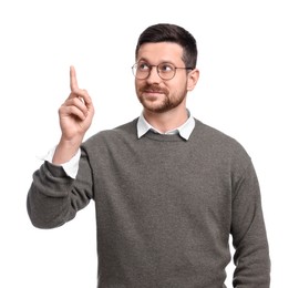 Portrait of handsome bearded businessman in eyeglasses gesturing on white background