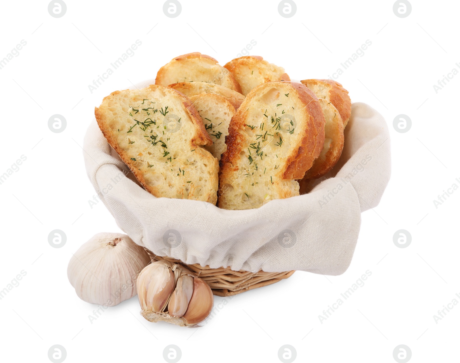 Photo of Tasty baguette with garlic and dill in basket isolated on white