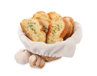 Tasty baguette with garlic and dill in basket isolated on white