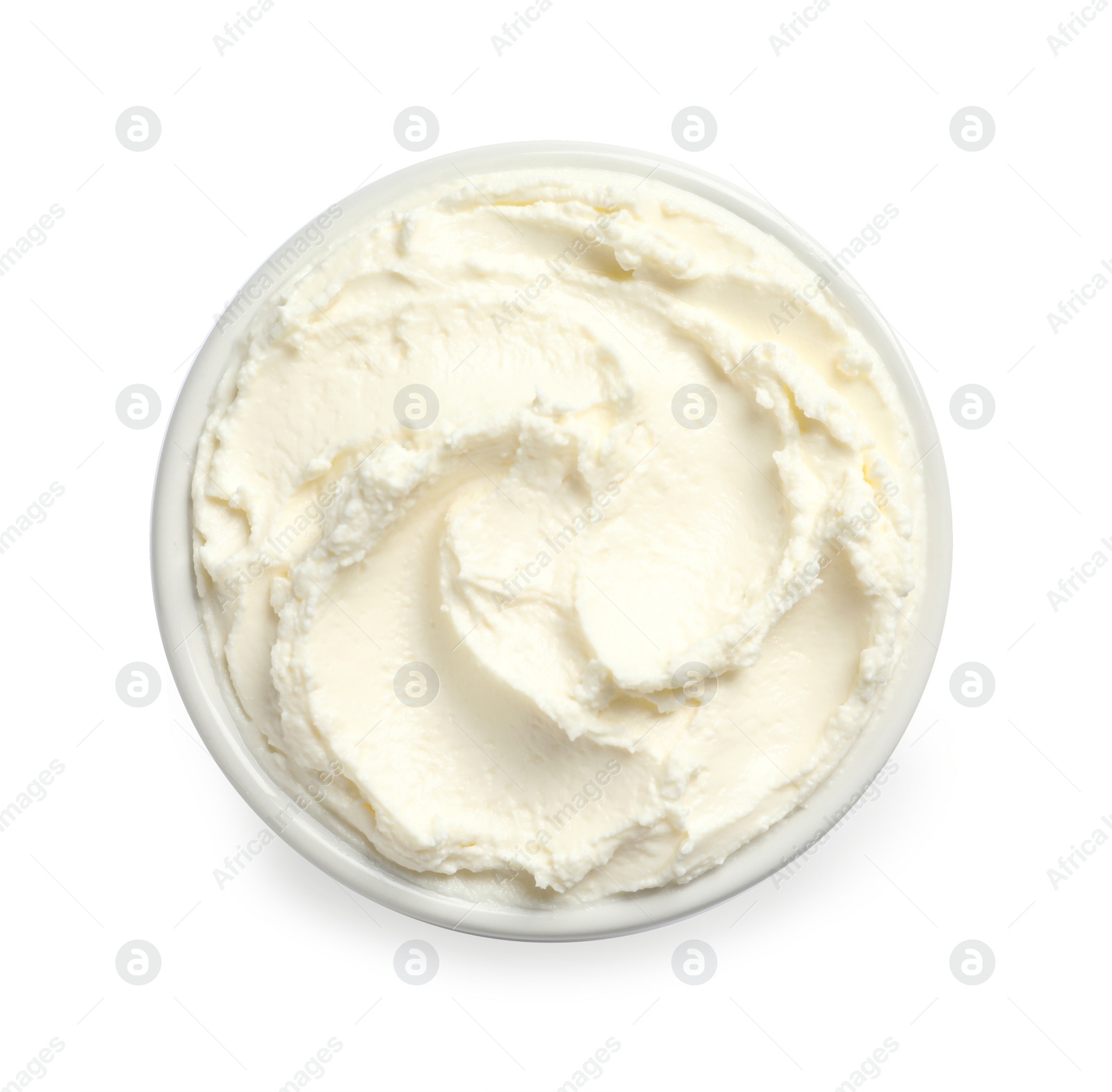 Photo of Bowl of tasty cream cheese on white background, top view