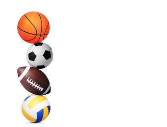 Image of Stack of different sport balls on white background