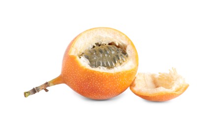 Photo of Cut delicious granadilla isolated on white. Exotic fruit