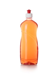 Photo of Bottle with detergent on white background. Cleaning supplies