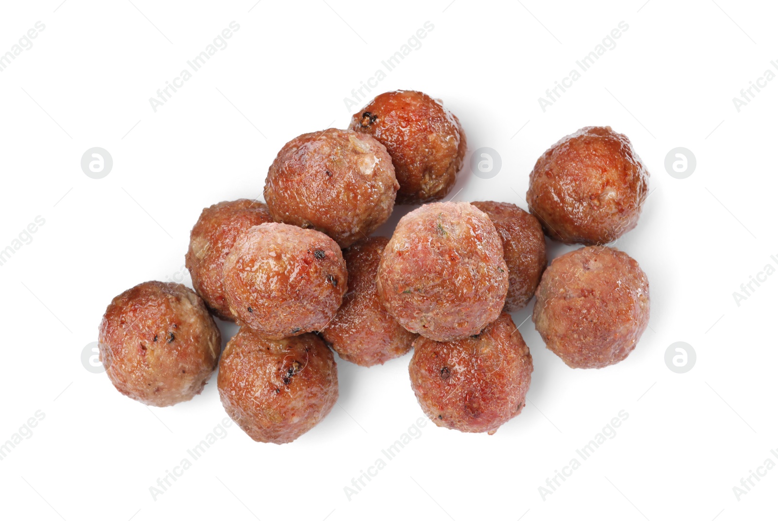 Photo of Tasty cooked meatballs on white background, top view