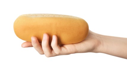 Woman with fresh hot dog bun on white background, closeup