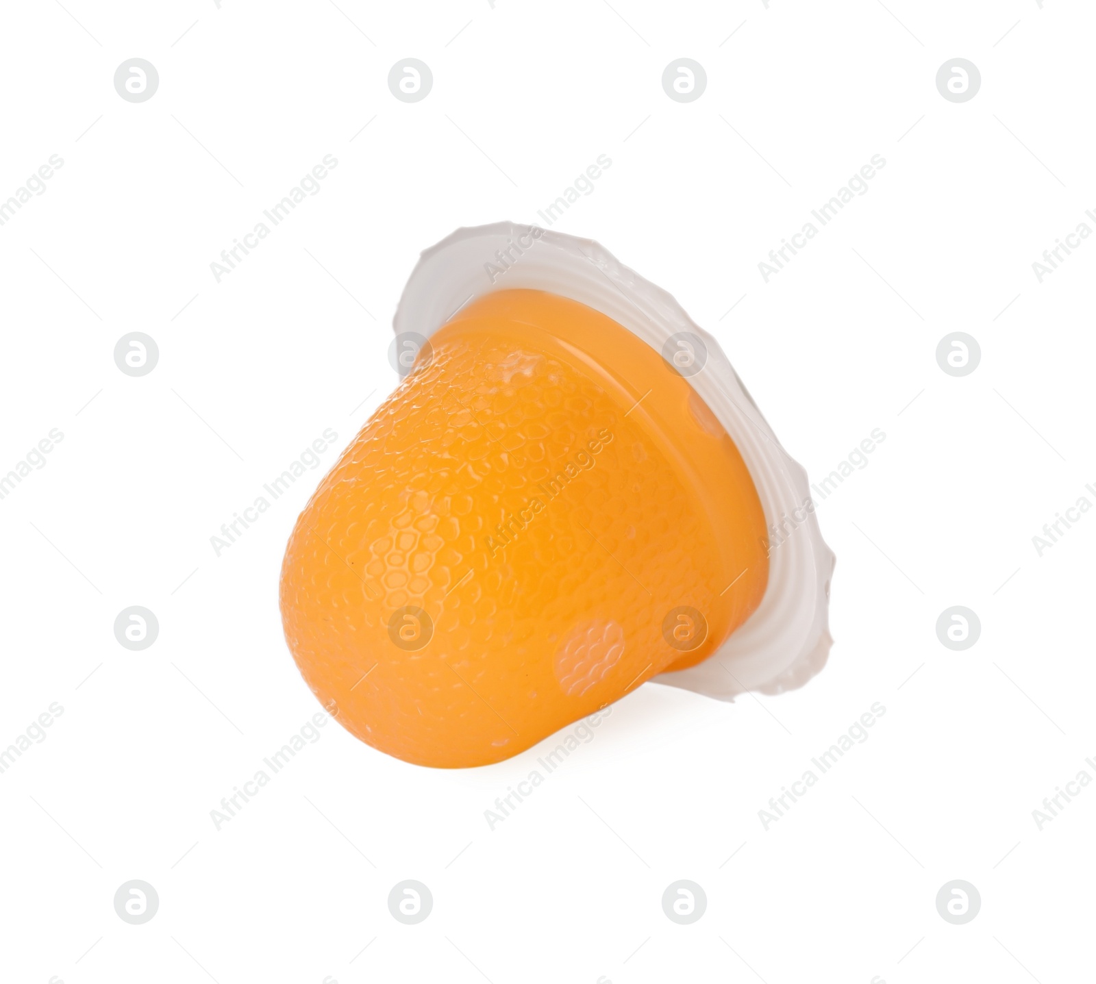 Photo of Delicious orange jelly cup isolated on white