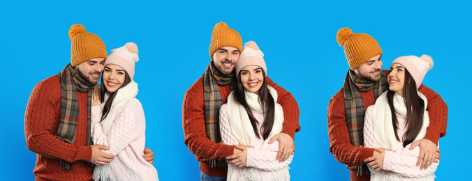 Collage with photos of couple wearing warm clothes on blue background. Winter vacation