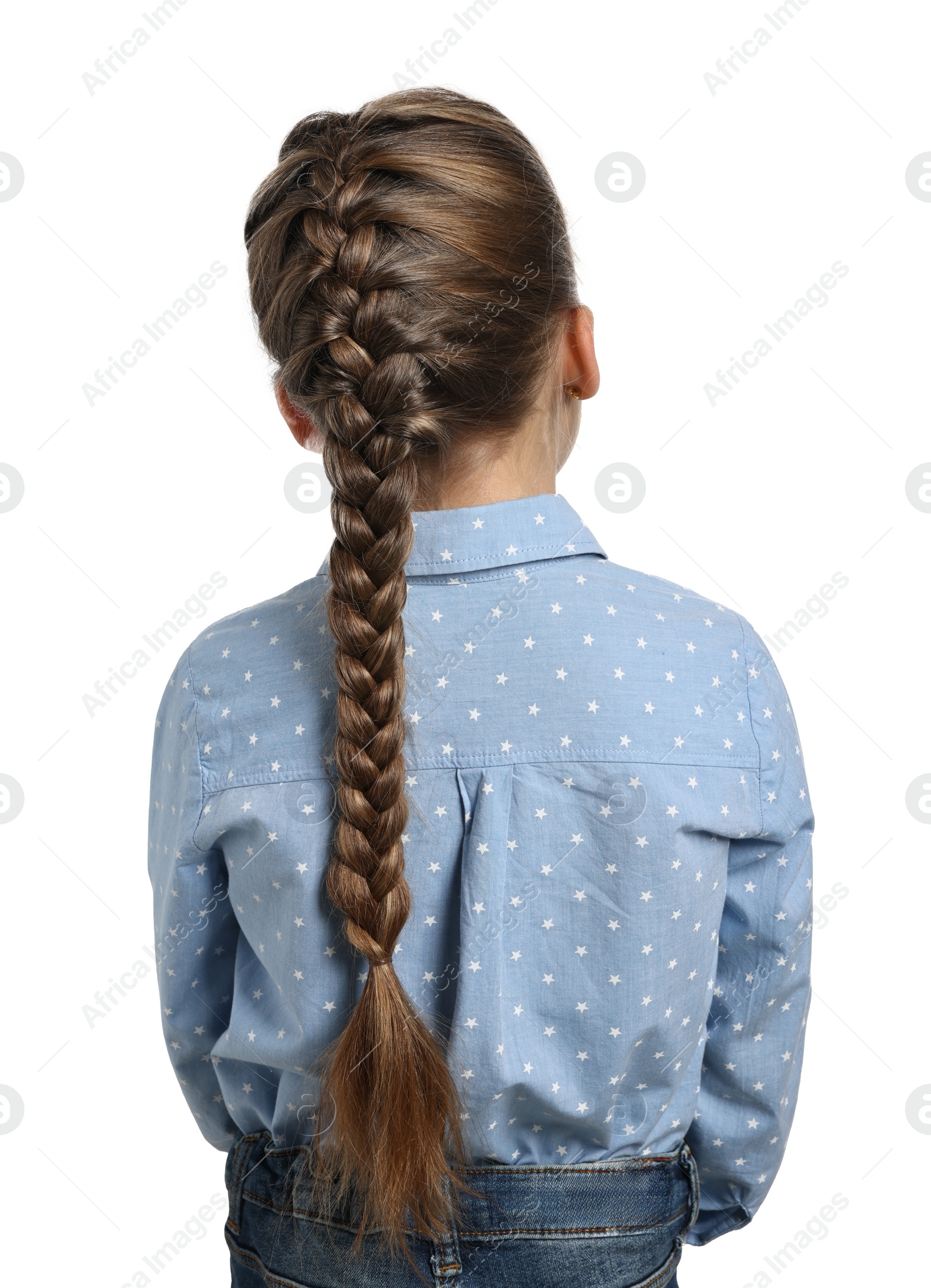 Photo of Little girl with braided hair on white background, back view