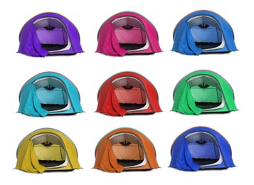 Image of Set with different colorful camping tents on white background