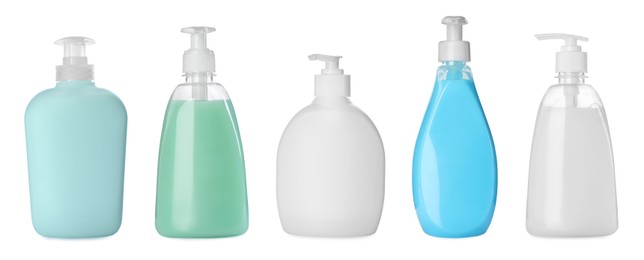 Image of Set with different bottles of liquid soap on white background. Banner design