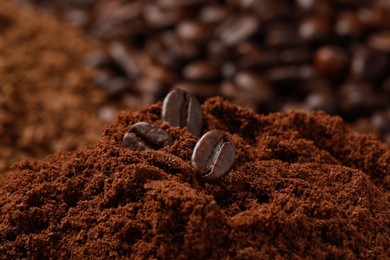 Photo of Different types of coffee as background, closeup