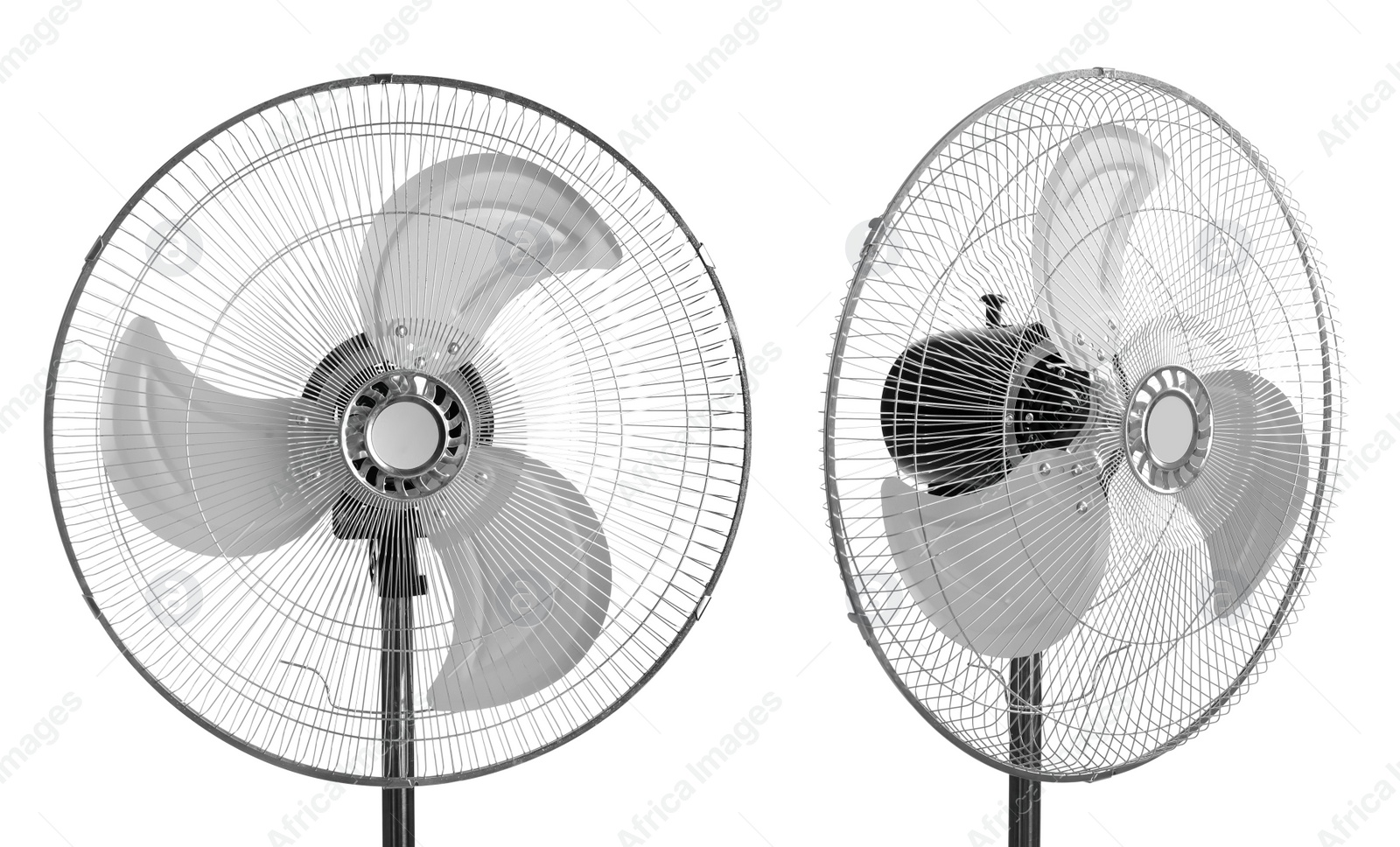 Image of Fan on white background, collage with views from different sides