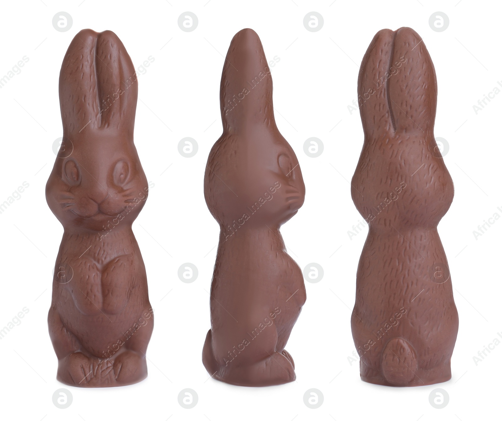 Image of Set with chocolate Easter bunnies on white background 