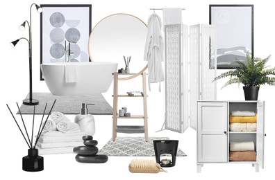 Image of Bathroom interior design. Collage with different combinable items and decorative elements on white background