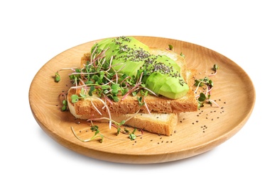 Photo of Plate of tasty toasts with avocado, sprouts and chia seeds on white background