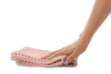 Woman with kitchen towel on white background, closeup