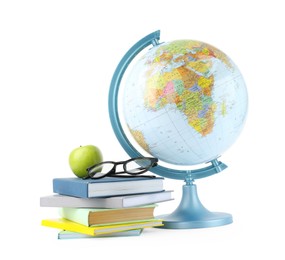 Photo of Plastic model globe of Earth, apple, eyeglasses and books on white background. Geography lesson