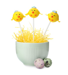 Photo of Delicious sweet cake pops on white background. Easter holiday