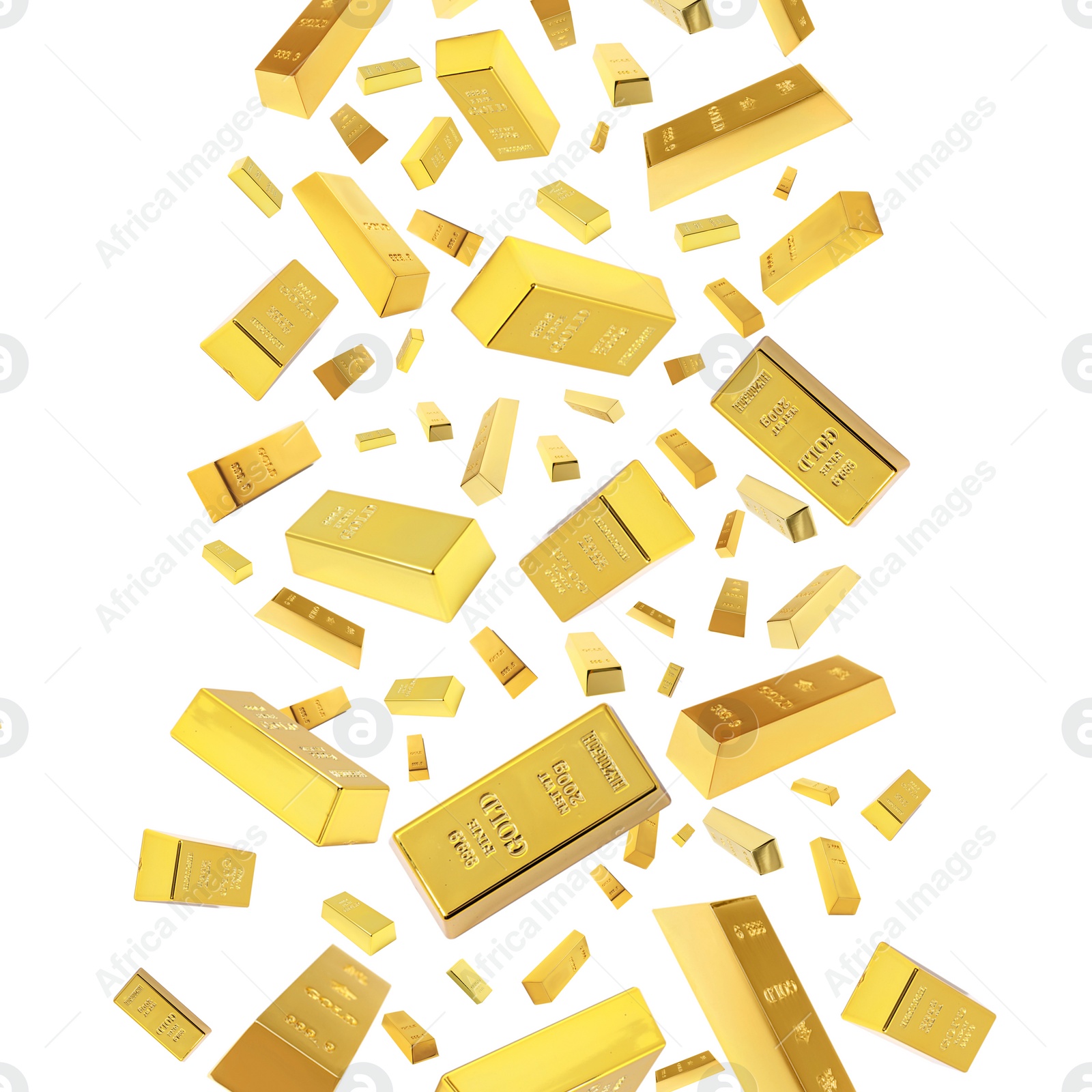 Image of Many falling gold bars on white background