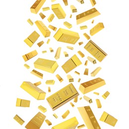 Image of Many falling gold bars on white background