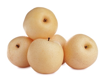 Photo of Fresh ripe apple pears on white background