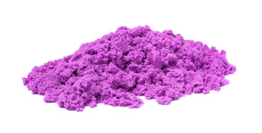 Photo of Pile of violet kinetic sand on white background